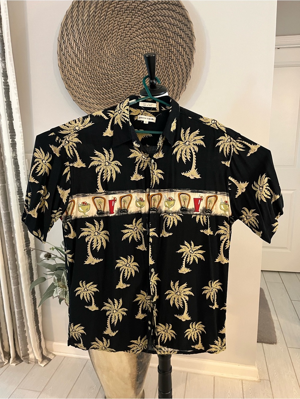 Pierre Cardin Black Short-Sleeve Palm Print Button-Down Shirt with Drink Motif